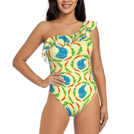 Uemuo Blue Rabbit Print Women s One Piece Swimsuit Asymmetrical Neck Bathing Suit One Shoulder Side Cutout Ruffle Swimwear-XX-Large