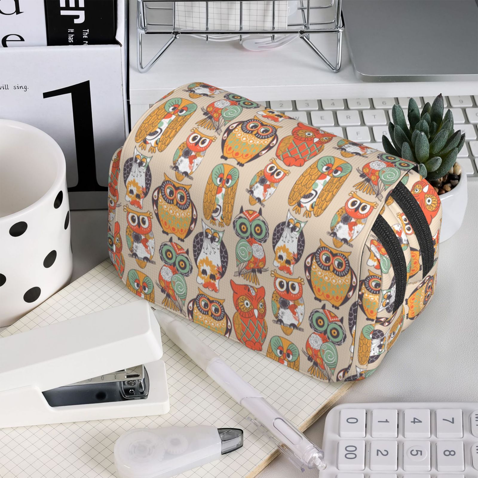 Rateoe Colorful Owls Pattern Double Clamshell Pen Case, Storage Organizer with Two Zipper Compartments– Holds Up to 50 Pencils & Pens