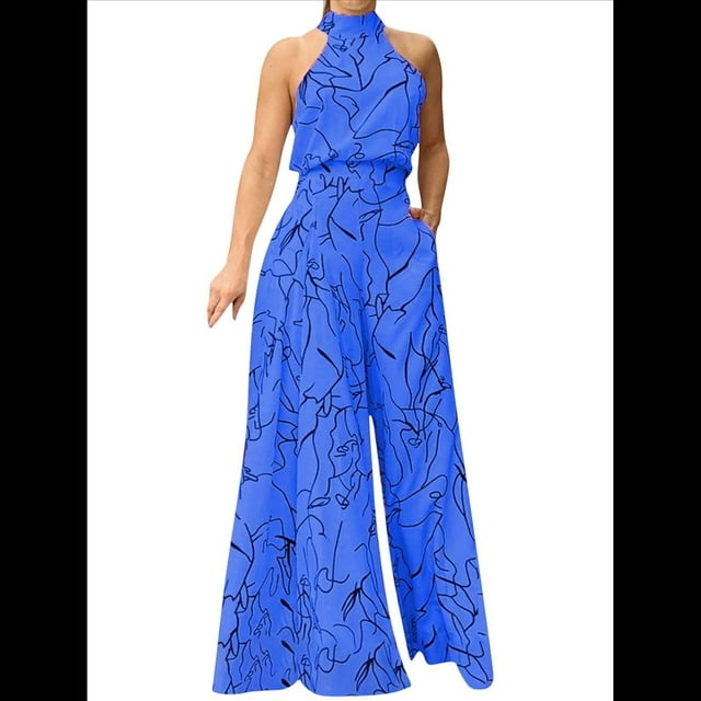 Elegantes para Mujer, para Fiestas de Noche, Invitadas de Boda, Grandes, Sin Mangas, Pantalones Largos de Pierna Azul Real XXL