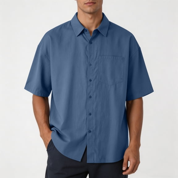 Ceisia Men's Loose Fit Short Sleeve Button Down Casual Shirt With Chest Pocket Blue L Gift