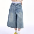 thumbnail image 6 of Wutalume Capri Pants for Women Denim - Low Rise Loose Fit Bermuda Style Summer Jorts Cropped Length High Waist Vintage Wash,Light Blue L, 6 of 8