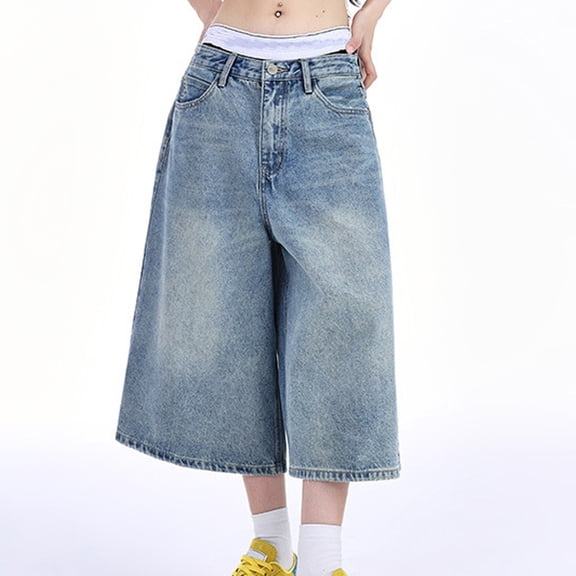 Baggy Jorts Women Jean Shorts Mid Rise Wide Leg Denim Long Jorts Y2k Summer Loose Fit Grunge Bermuda Denim Shorts