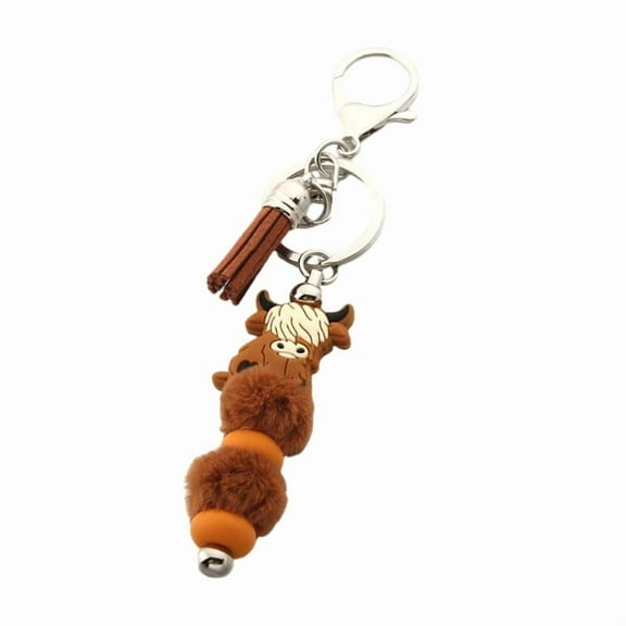 Highland Cow Keychain with Tassels and Silicone Beads Animal Keyring Fashionable Key Holder Pendant for Women and Men