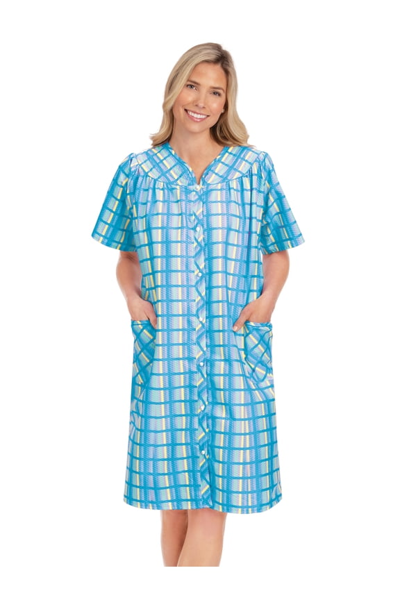 Collections Etc Women's Comfortable Plaid Snap Front Short Sleeve Robe Blue X-Large