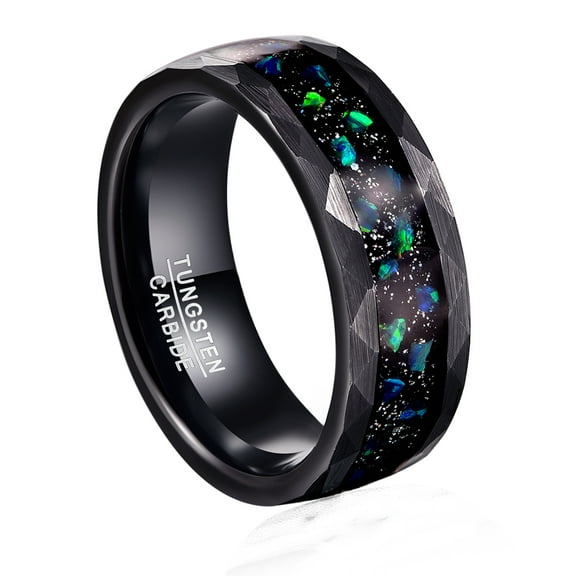 JQUEEN Men's 8mm Hammer Pattern Inlaid Tungsten Carbide Rings Black Sand Bottom Green Crushed Opal Engagement Rings Size 7-12