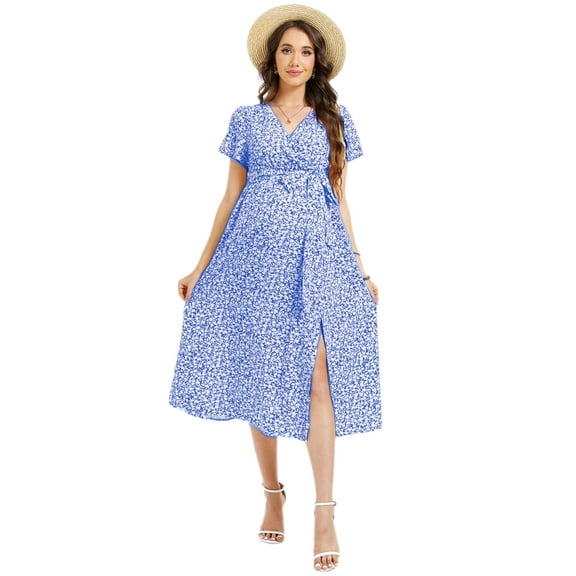Yesfashion Women's Maternity Dress Summer Ditsy Floral V Neck Short Sleeve A Line Swing Midi Dress