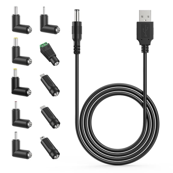 5FT USB to DC 5V Universal Power Cable, 5.5x2.1mm Center Positive Barrel Plug Charging Cord with 10 Interchangeable Connector Tips, 2A Max Multi Tips Power Supply Cord for Router Mini Fan LED Light B