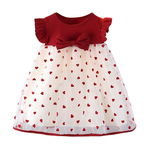 CAIXIA Girl Dress Toddler Baby Girl Valentine's Day Outfit Knitted Ruffle Short Sleeve Dress Heart Tulle Tutu Skirt Party Clothes