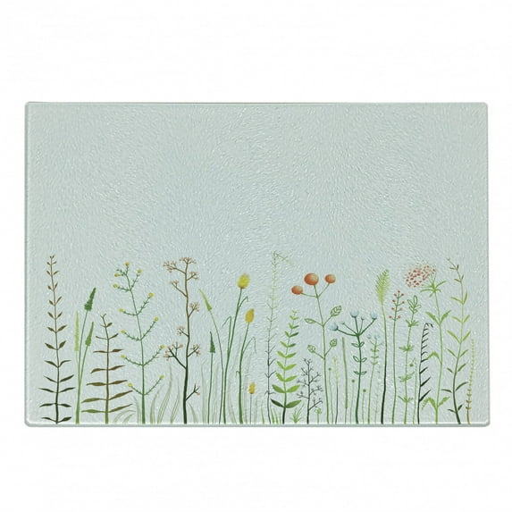 Green Flower Cutting Board, Grass Pattern Nature Illustration Wildlife Scene Rustic Lifestyle Elements, Decorative Tempered Glass Cutting and Serving Board, Small Size, Multicolor, by Ambesonne