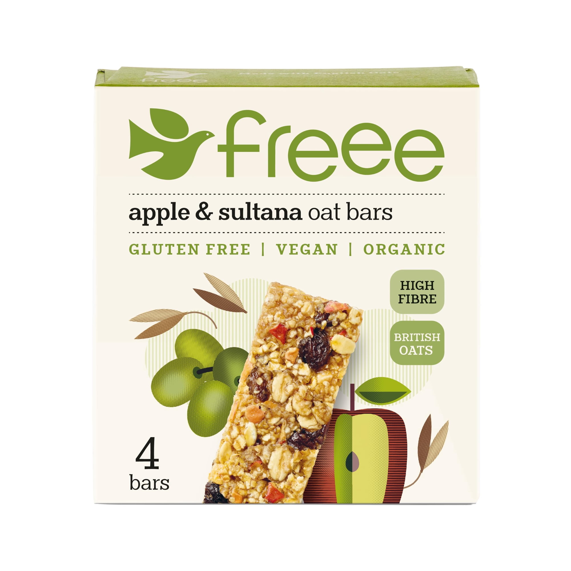 FREEE Gluten-Free Organic Apple Oat Flapjack Bars with Sultanas 4 x 35g - High Fibre Snack Bars - Vegan Dairy Free Coeliac UK & Soil Association Certified