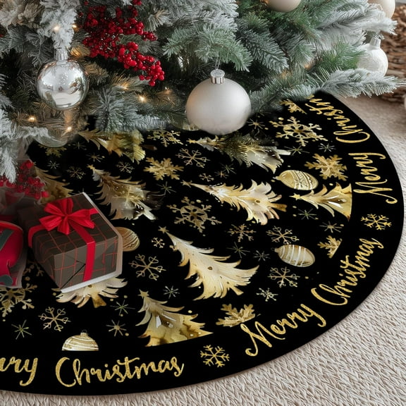 Merry Christmas Tree Skirt Collar 48 Inch Xmas Trees Snowflakes Soft Farmhouse Holiday Decoration (Gold & Black) TS26