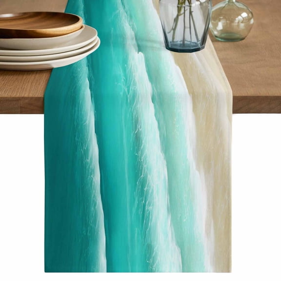 Table Runner 36 Inches Long for Kitchen Dining, Ombre Turquoise Ocean Dresser Scarf Farmhouse, Dining Table Decorations for Wedding/Parties, Gradient Coastal Beach Waves Summer 13 x 36 In