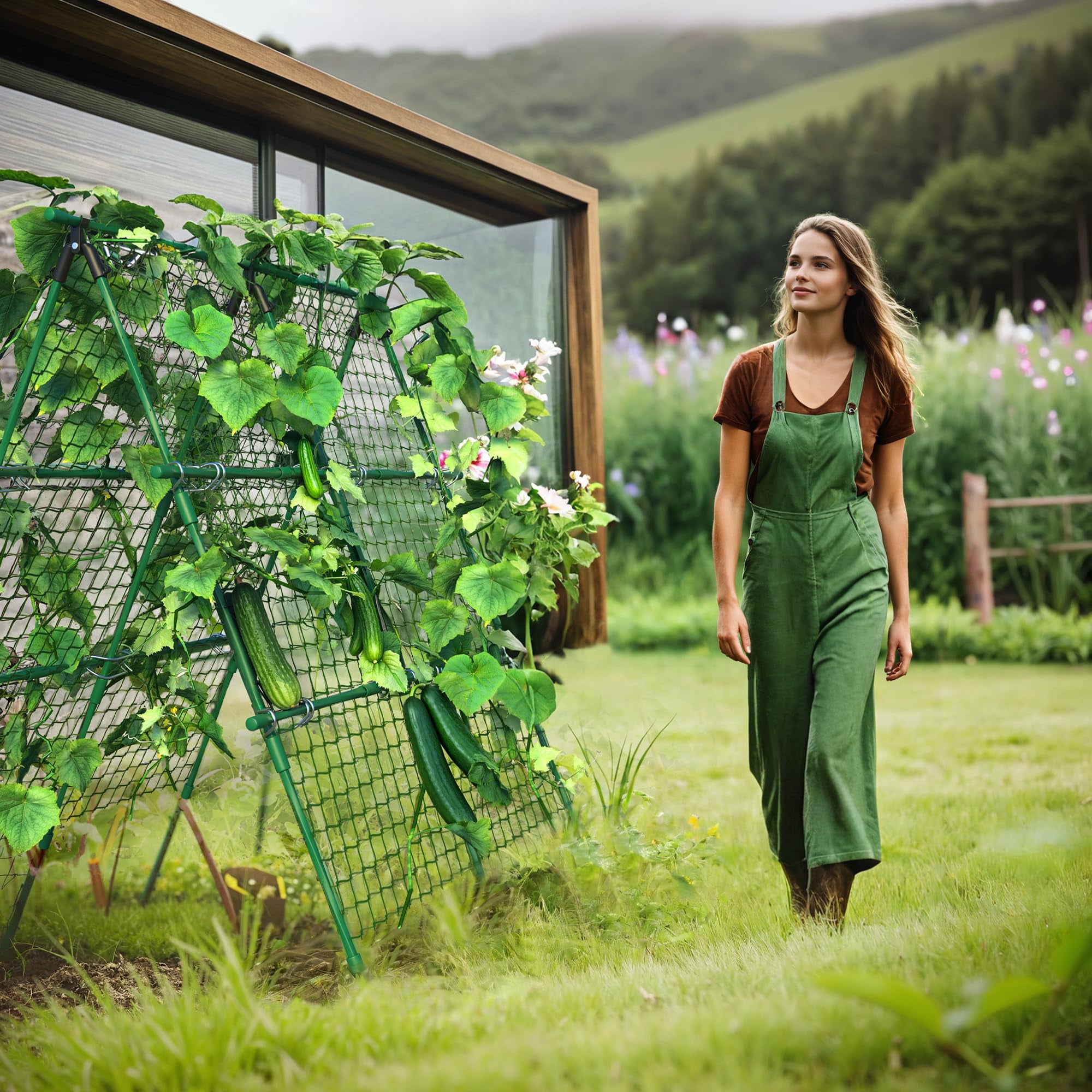 Kselythan Cucumber Trellis,4ft x 4ft Green Metal A-Frame Garden Trellis for Climbing Plants – Support for Cucumbers,Tomatoes, Peas,Beans,and Vines, Includes Netting, Fits Raised Beds,Outdoor Support