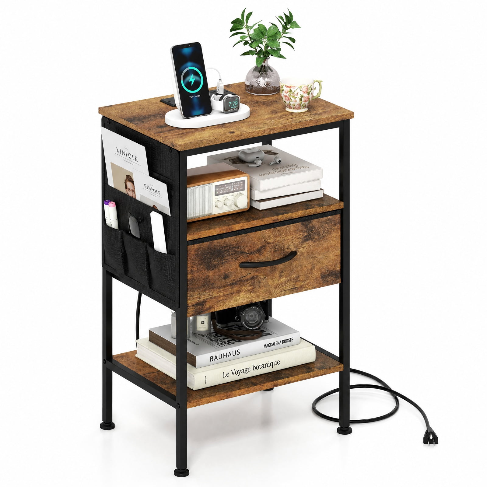 Furnibear Nightstand with Charging Station 24.5 inch Modern Bedside Table with Fabric Drawer for Bedroom Living Room Bedside Sofa Side, Rustic Brown