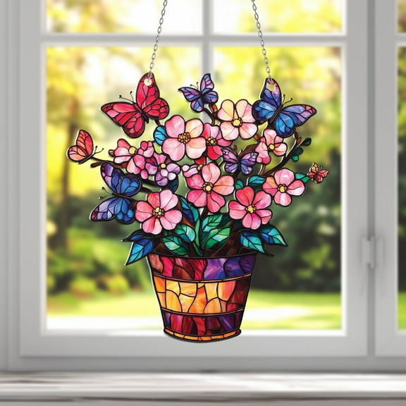 Window Hanging Flower Pot with Butterflies, Car Decoration, Stained Glass Style Suncatcher, Floral Art Gift for Dad or Mom, Unique Home Décor, Botanical Design, Boho Room Decoration