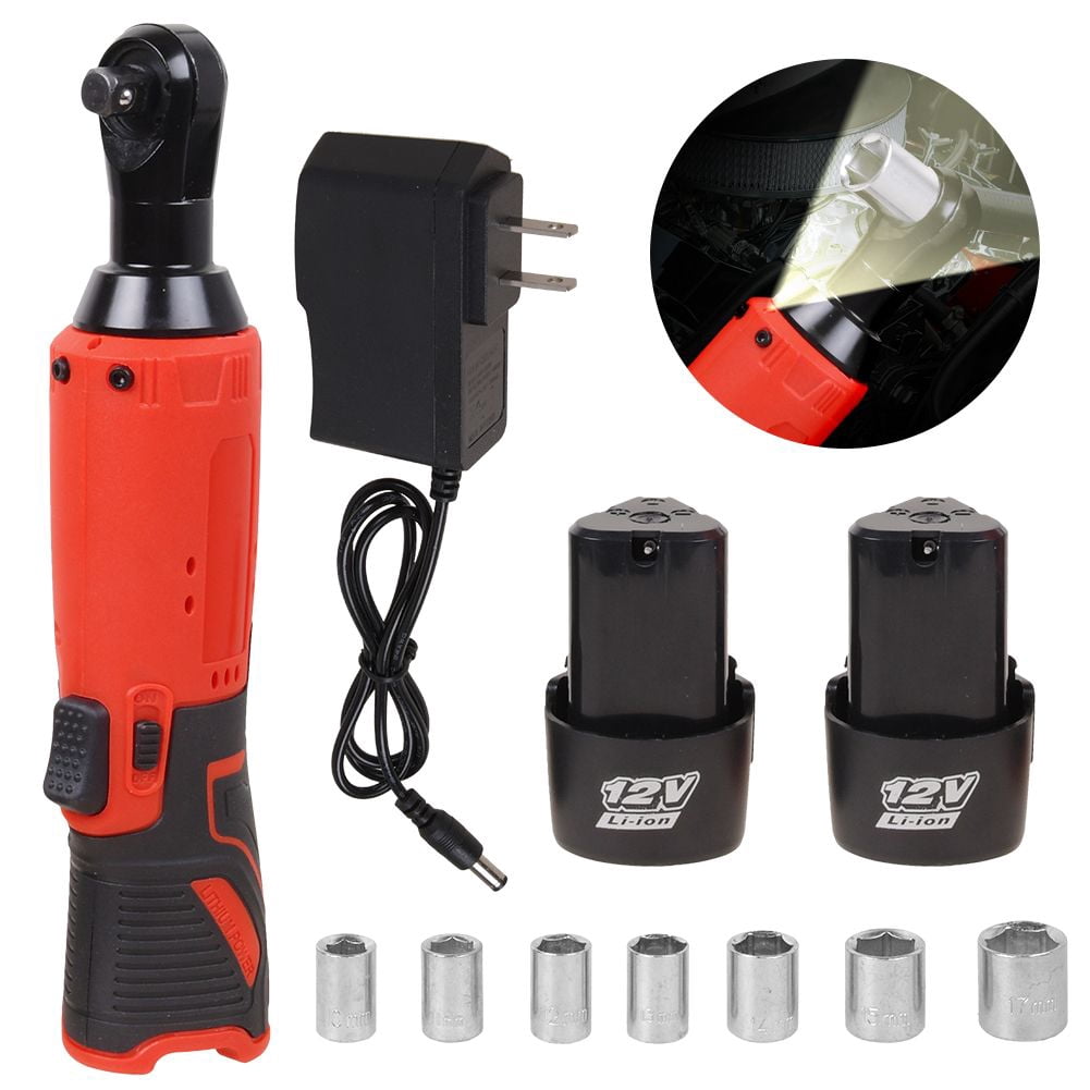 Electric Cordless Ratchet 3/8" 12V Right Angle Wrench Impact Power Tool with 2 Batteries and 7 Sockets