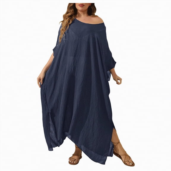 NIEWTR Swimsuit Coverup for Women Crochet Knit Crew Neck Short Sleeve Dress Vacation Outfits(Blue,One Size)