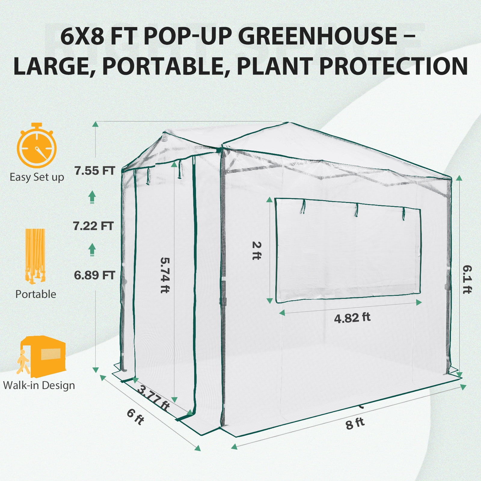 EAGLE PEAK 8x6 Portable Walk-in Greenhouse Instant Pop-up Fast Setup Indoor Outdoor Plant Gardening Greenhouse Canopy, Front and Rear Roll-Up Zipper Entry Doors and 2 Large Roll-Up Side Windows