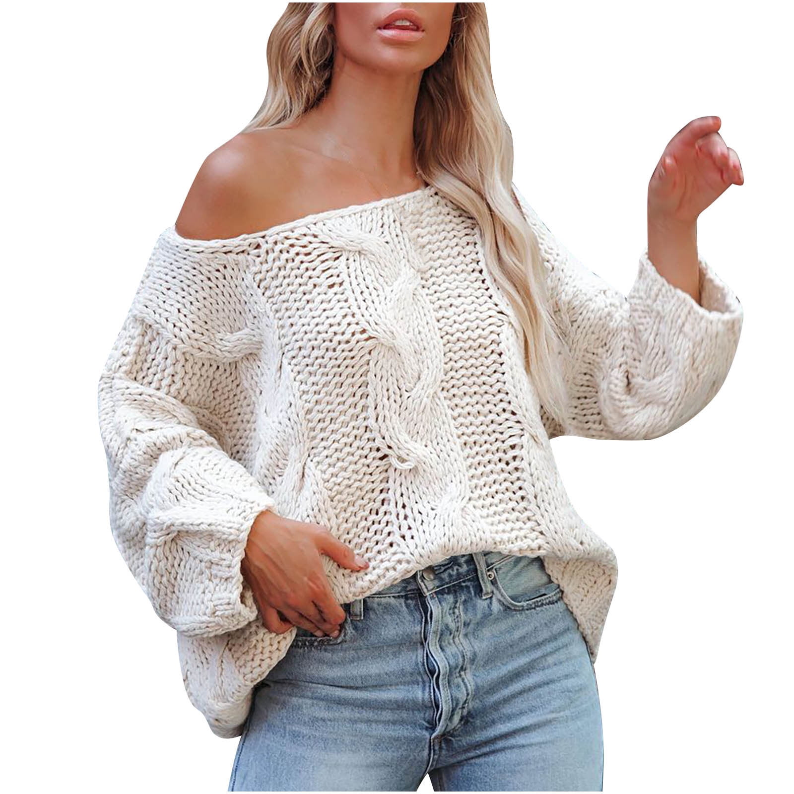 Hfyihgf Womens Oversized Sweater Long Sleeve Sexy Off Shoulder Pullover  Sweaters Batwing Sleeve Cable Knit Slouchy Tops(White,M) 