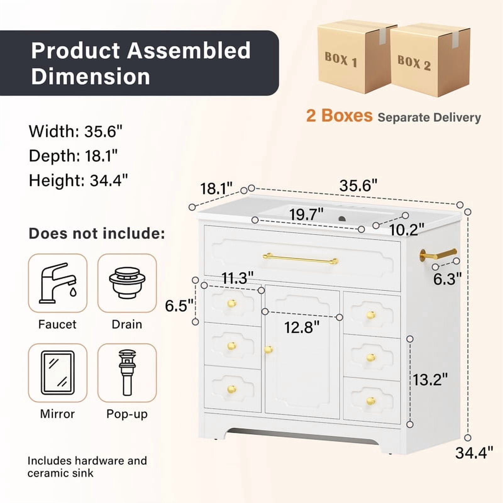 Lacoo 36'' Bathroom Vanity with Ceramic Sink Top, Modern Bathroom Storage Cabinet with Soft Close Drawers, Pre-Drilled Faucet Holes, Freestanding Vanity for Bathroom, White(2 Pack)
