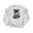thumbnail image 4 of Halloween Sweatshirt for Women, Teens and Kids Jack-O-Lantern Pumpkin & Black Bow Sweater Gray Sweatshirt Youth Large, 4 of 5