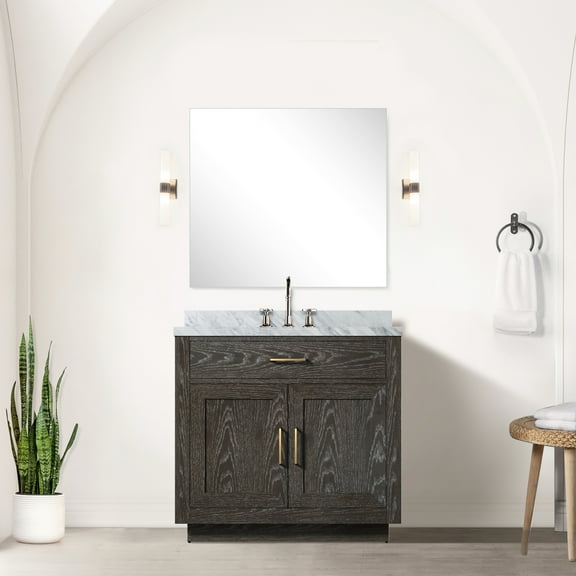 36" W X 22" D Brown Oak Bath Vanity , Marble Top, Mirror And Faucet Included - Assembled Cabinet With 34 In. Fixture