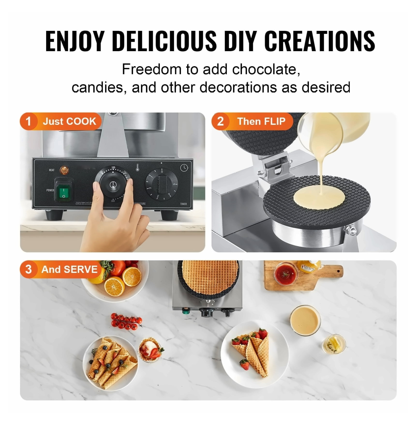 Commercial Waffle Cone Maker 1230W, Electric Ice Cream Cone Machine, Egg Roll Maker for Home & Business, Stainless Steel, Adjustable Temperature, Non-Stick