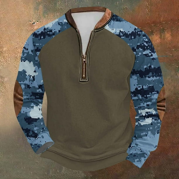 Blusas y camisas de manga larga con cuello redondo para hombre, talla grande, media cremallera, cuello redondo, estampado vintage de camuflaje, blusa de poliéster de manga larga para hombre