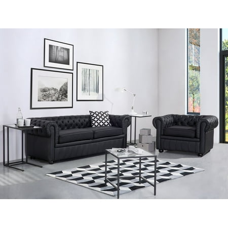 Traditional Style Genuine Leather Sofa Black Tufted 3 Seater Chesterfield