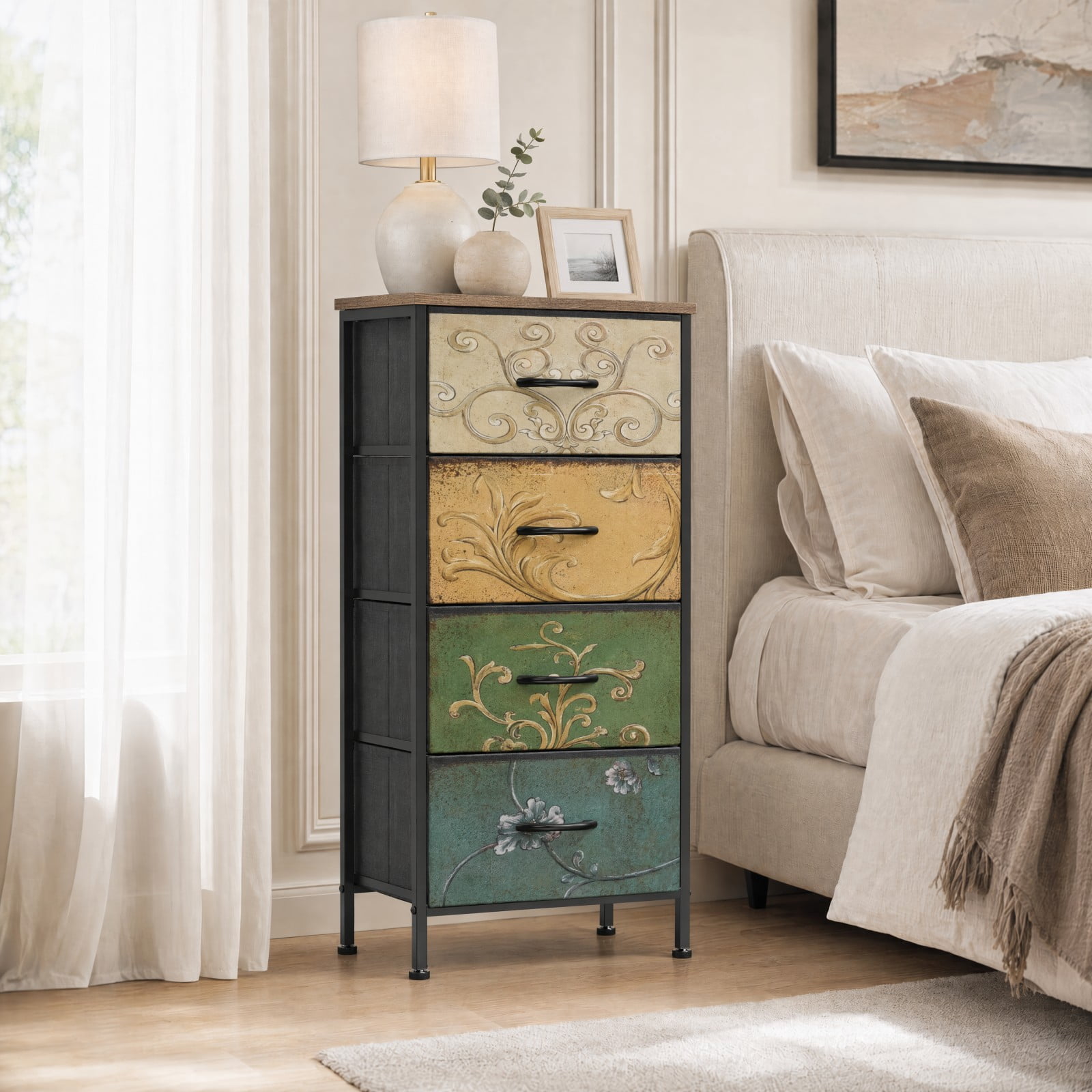 Telyra 4-Drawer Fabric Dresser 37.4" Tall Storage Tower with Wood Top and Steel Frame Narrow Organizer, Floral Painted