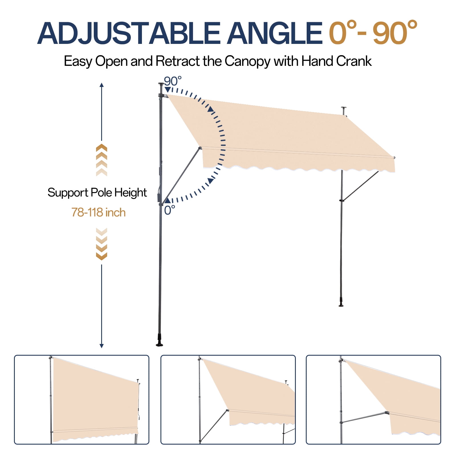 Retractable Awning Khaki, 118.1"D x 47.2"W x(78.7 -118.1)"H