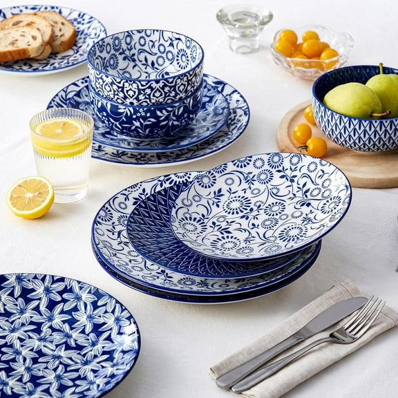Plates and Bowls Set for 4, 12 Pieces Dinnerware Sets, Mircowave and Dishwasher Safe Dishes Set, Porcelain Blue Dinnerware