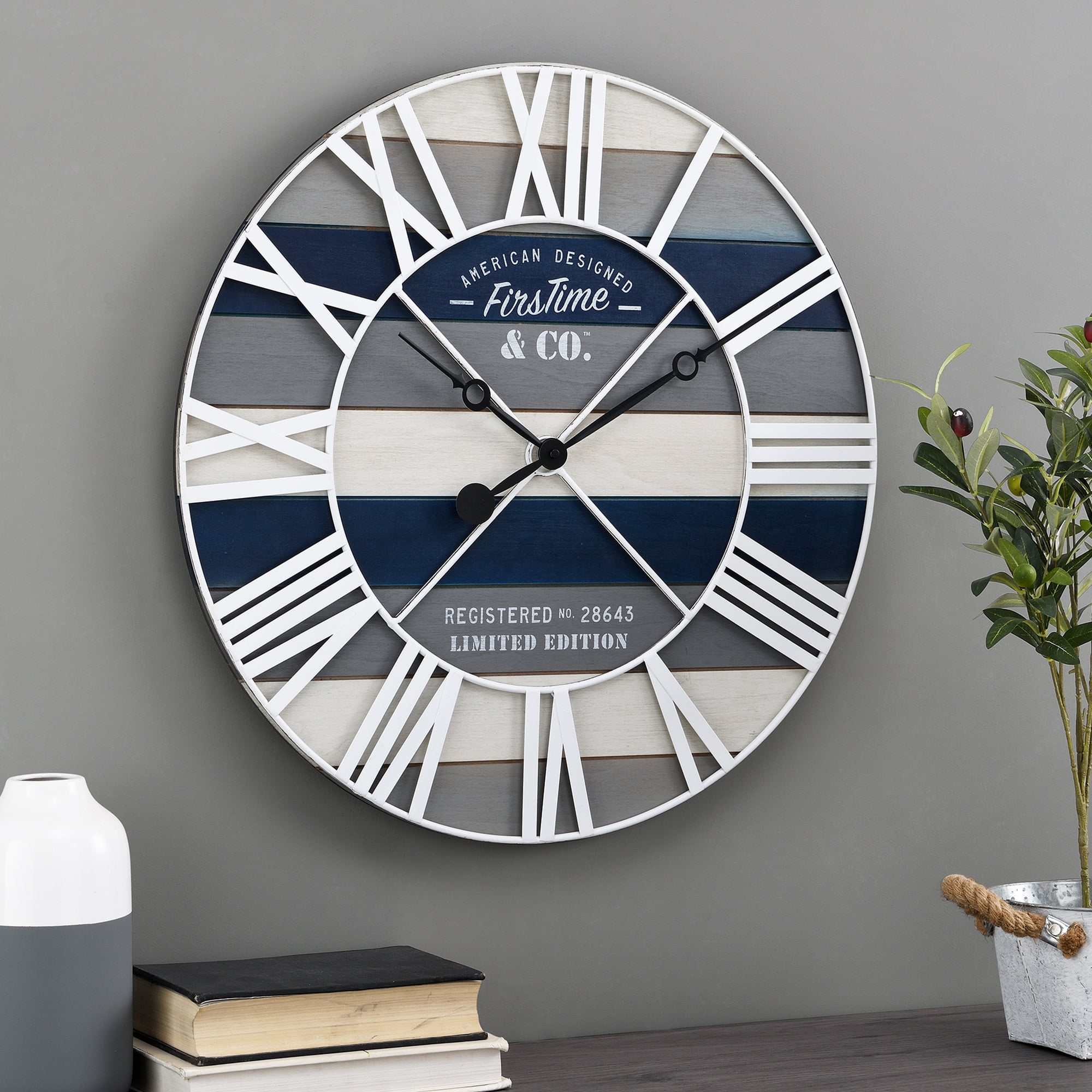 FirsTime & Co. Navy Maritime Planks Wall Clock, Farmhouse, Analog, 24 x