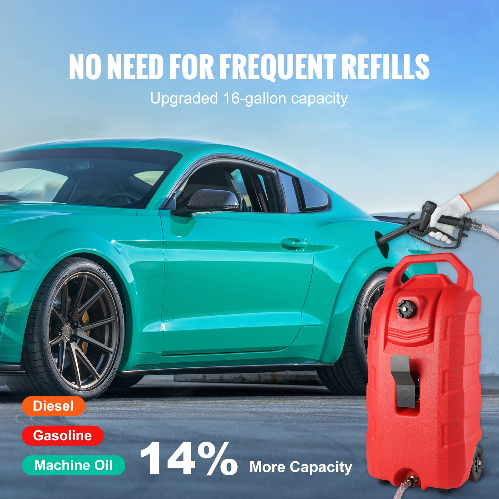 KFFKFF 16 Gallon Portable Fuel Caddy, 7.8 L/min, with Hand Pump and Rubber Wheels, Ideal for Gasoline, Diesel, Machine Oil Storage and Transfer for Cars, Mowers, Tractors, Boats, and Motorcycles