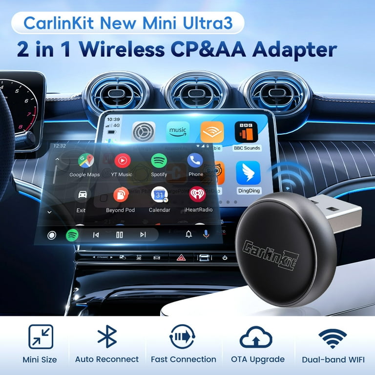 Carlinkit Draadloze CarPlay/Android Auto Adapter USB Mini Ultra voor Fabriek Bedraad CarPlay & OEM Bedraad Android Auto, Plug & Play Draadloze CarPlay/Android Auto Dongle Compatibel met iOS 10