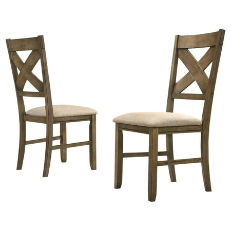 Roundhill Furniture Raven Cross Back Upholstered Dining Chairs in Glazed Pine Brown Finish  Set of 2