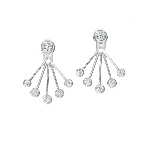 Rhodium On 925 Sterling Silver Clear Cubic Zirconia 2 in 1 Stud & Jacket Ear Cuff Earrings