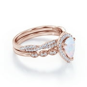 JeenMata 1.5 Carat Pear Cut Lab Created Opal and Moissanite Vintage Engagement Ring - Halo Pave Bridal Set in 18K Rose Gold Plating for Women