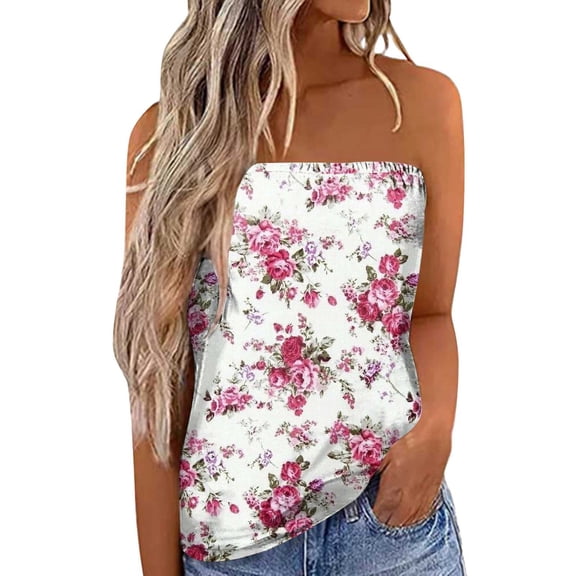 MIASHUI Women's Strapless Bandeau Tank Top with Print Design for Casual Summer Wear Loose Fit Sleeveless Holiday Blouse Hot Pink,XL