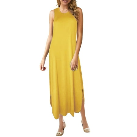 snowsong Summer Dress Sundresses for Women Women s Casual Summer Sleeveless Dress Loose Split Dresses With Pockets Beach Dress Graduation Dress Elegant Dresses Yellow Dress XL