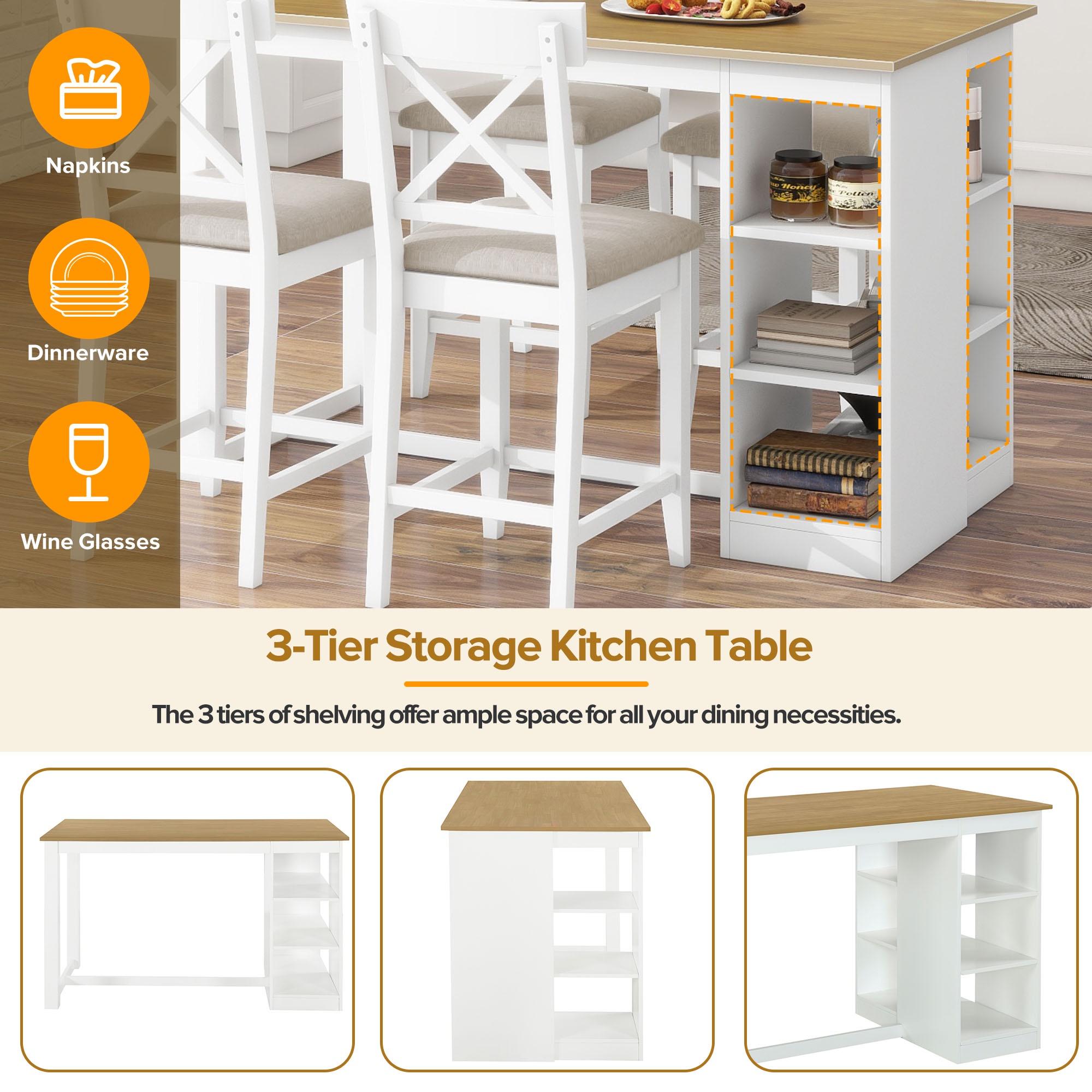 PORKISS 5 Piece Dining Table Set, Solid Wood Dining Table with 3-tier Storage Shelves, 4 Upholstered Chairs for Dining Room Kitchen Apartment, White