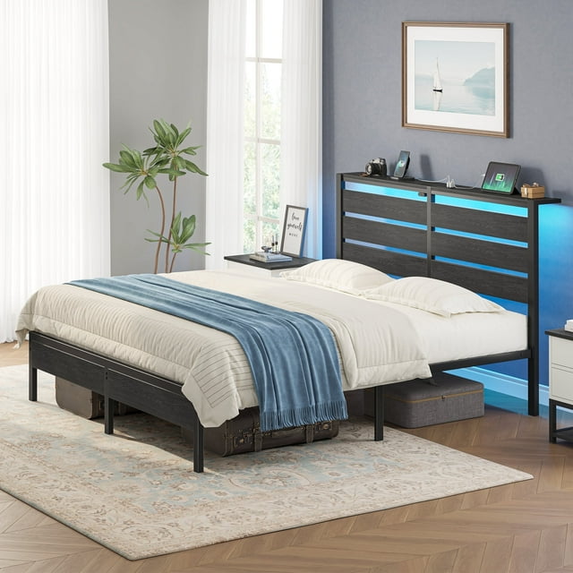Greenstell Full Size Platform Bed Frame with Storage Headboard, LED Lights & USB Charging Station, Metal Bed Frame Black