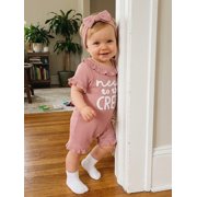 BemeyourBBs Newborn Baby Girl Summer Clothes Hospital Going Home Outfit Baby Girl New To The Crew Romper Letter Embroidered Short Sleeve Waffle Knit Ruffle Jumpsuit Shorts Headband