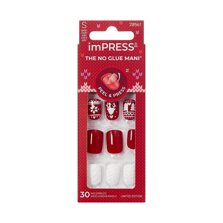 KISS imPRESS Holiday Press On Nails, ‘Feelin' Festive’, Red, Short Squoval, 30 Count
