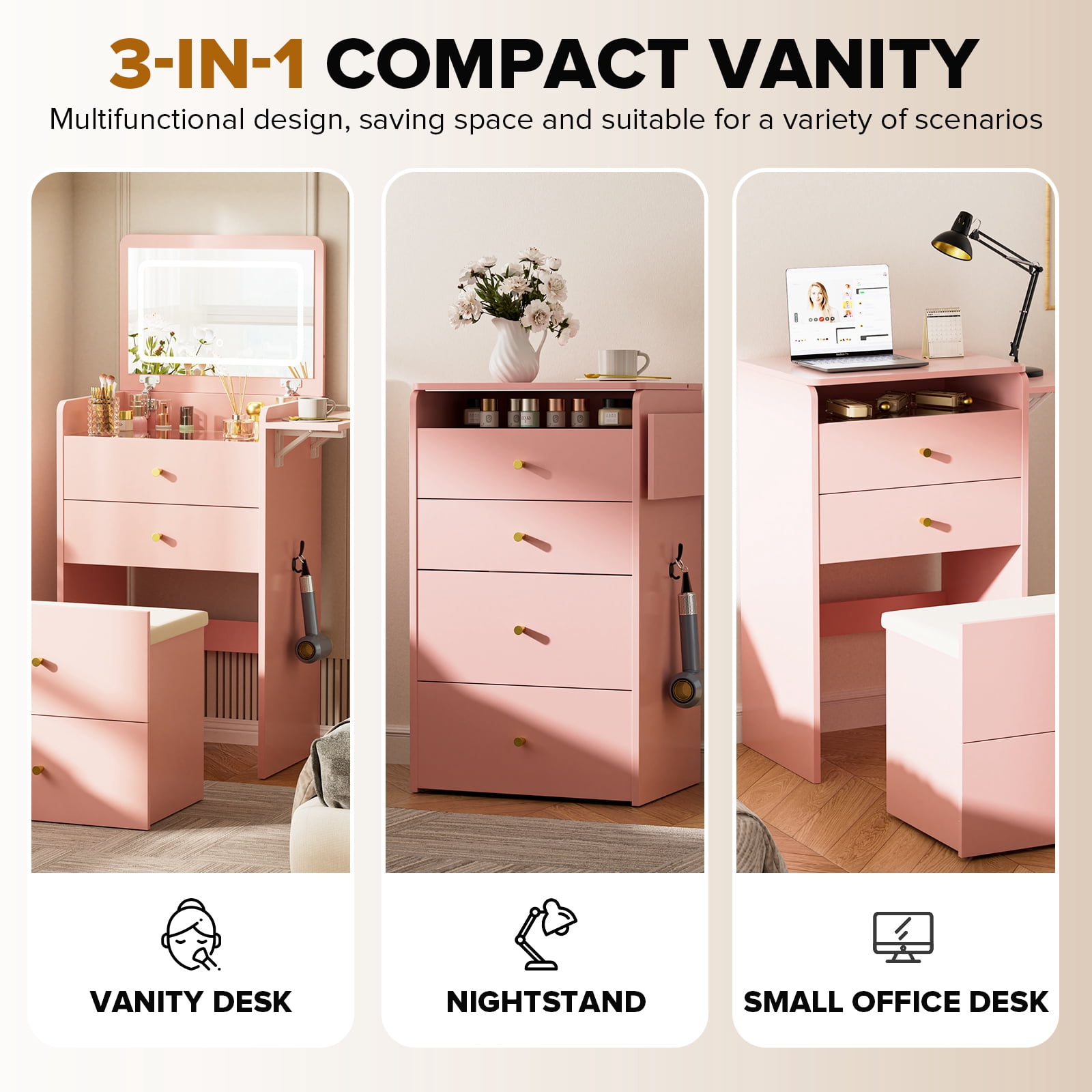 LUCKLIFE 3-in-1 Makeup Vanity Set with Lighted Flip Top Mirror & Storage Stool, Small Space Dressing Table with Foldable Side Tray, Glass Top Desk & Nightstand for Bedroom, Pink