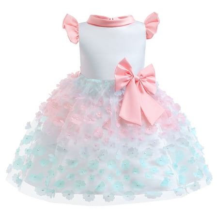 

OLLUISNEO 5-6 Years Little Girls Dress Fly Ruffled Sleeve Floral Party Formal TuTu Dress Pink