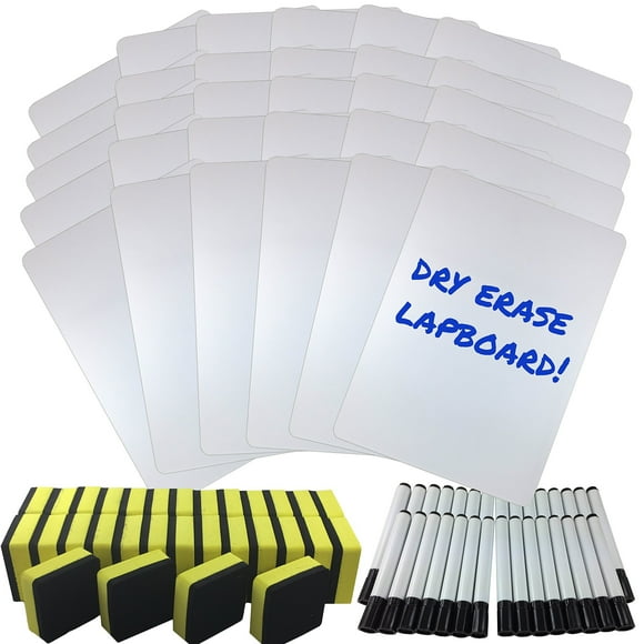 Dry Erase Lapboard Classroom Kit, Set of 30 Whiteboards, Black Dry Erase Markers and 2'' x 2'' Erasers