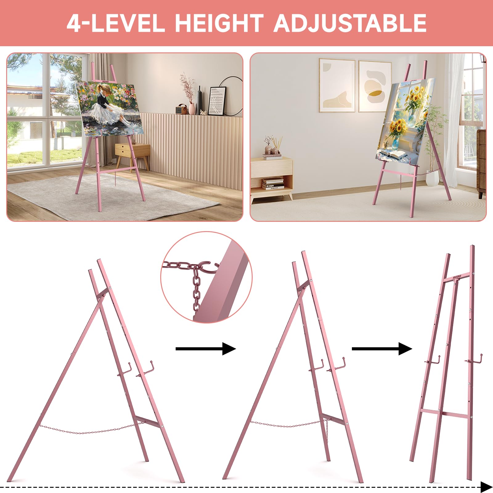 Yacona Easel Stand for Sign, Adjustable Metal Easels for Display with Adjustment Chain, Heavy Duty Poster Stand, for Wedding Sign, Poster, Painting, Displays, Rose Gold