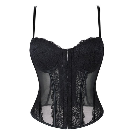 FASHOFT Black Corset Shapewear For Women Thin Strap Semi Sheer Boned Waist Cinching Top Lightweight Body Shaping Everyday Wear Bustier Corset L