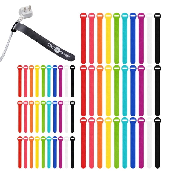 Self-Gripping Cable Ties by Wrap-It Storage, Multi-Color, 60 Pack (5 Inch and 8 Inch Straps) – Reusable Hook and Loop Cord Wraps for Cord Management